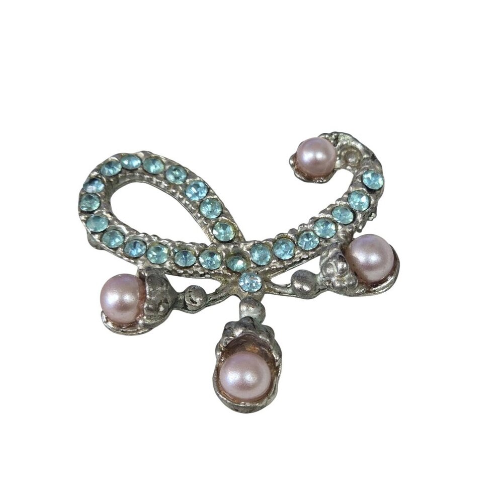 Vintage Silver Tone Aquamarine Blue Rhinestone & Faux Pearl Brooch Pin